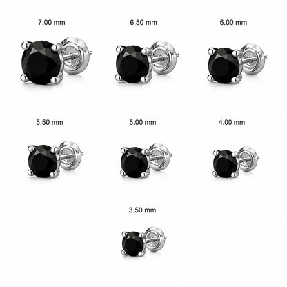 Seven pairs of round black gemstone stud earrings in silver settings, shown in decreasing sizes from 7.00 mm to 3.