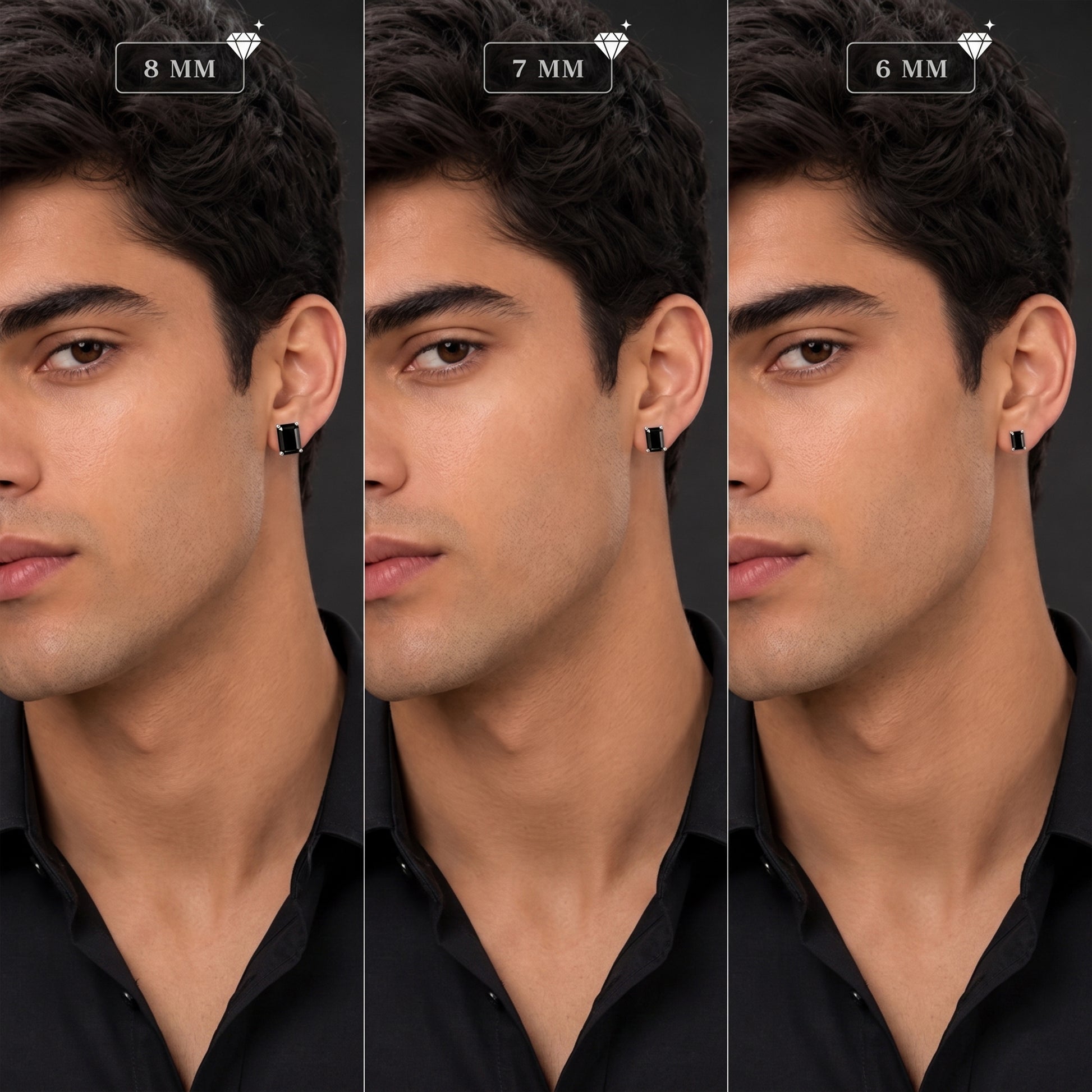 Three views of a man wearing black earrings 