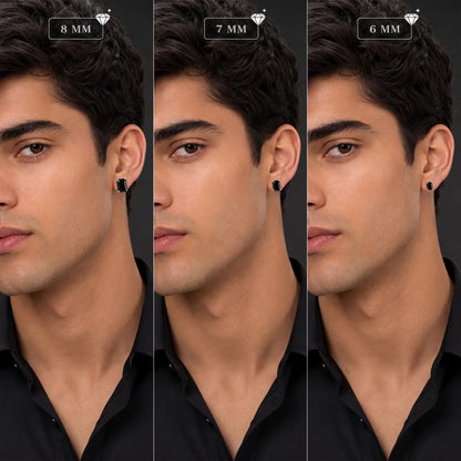 Three views of a man wearing black earrings 