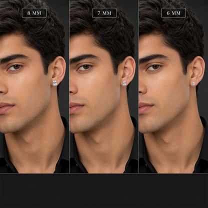 Three views of a man wearing diamond stud earrings