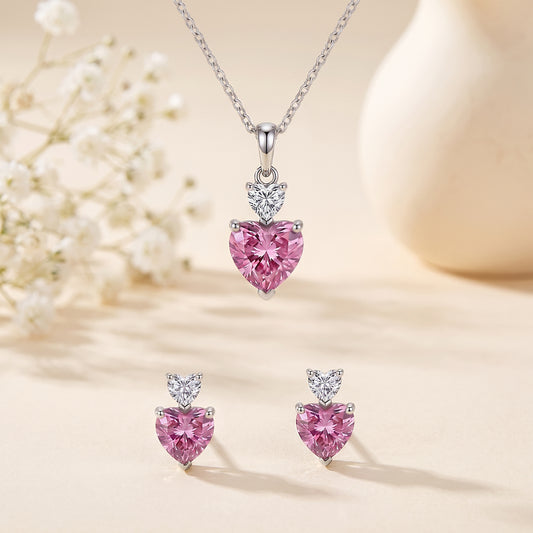 Pink Two Hearts Jewellery Set Silver