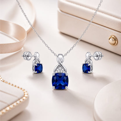 Cushion Blue Sapphire Silver Diamond Necklace