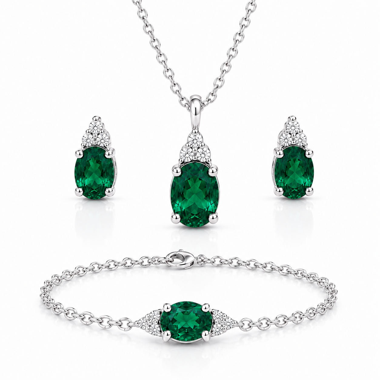 Green Diamond Silver Pendant Set with Bracelet