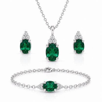 Green Diamond Silver Pendant Set with Bracelet