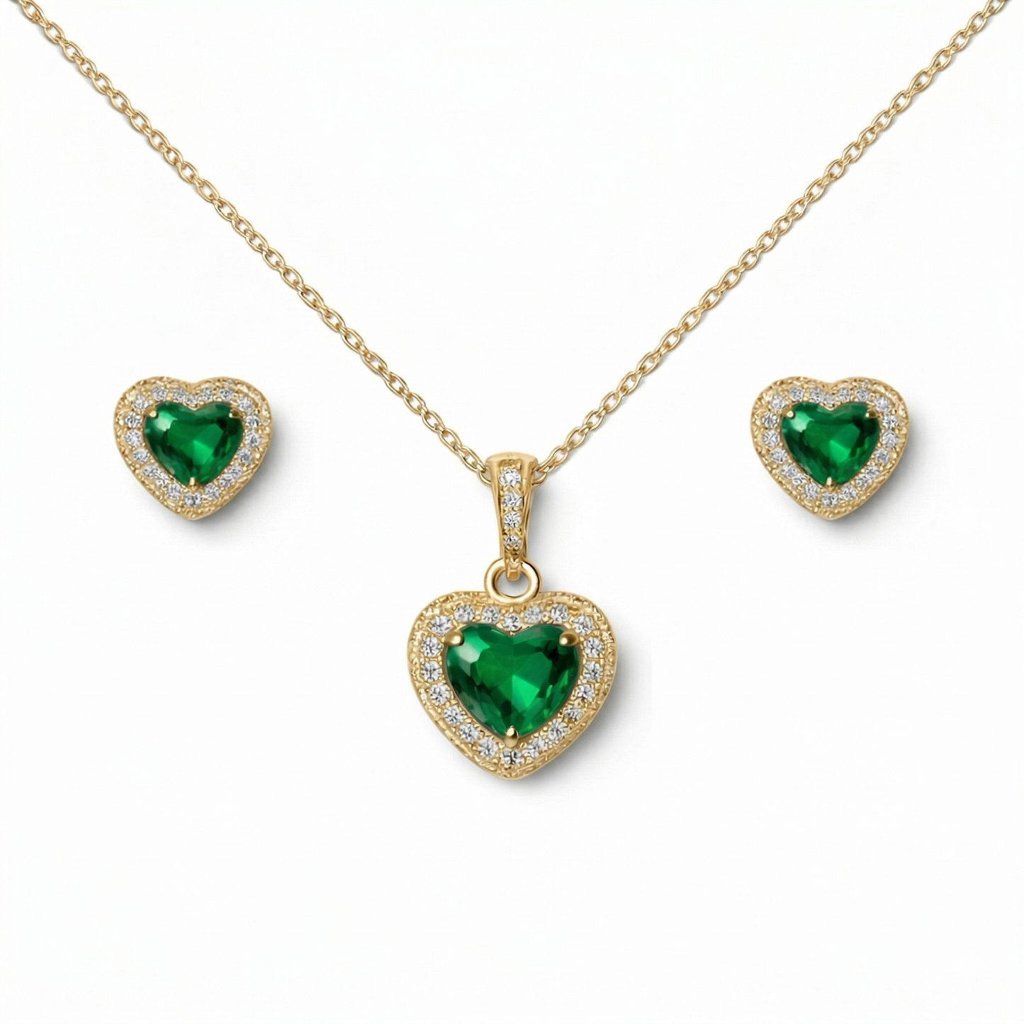 Gold heart-shaped emerald necklace and earrings