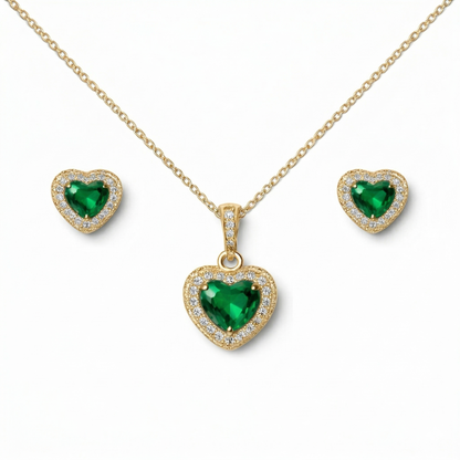 Gold heart-shaped emerald necklace and earrings