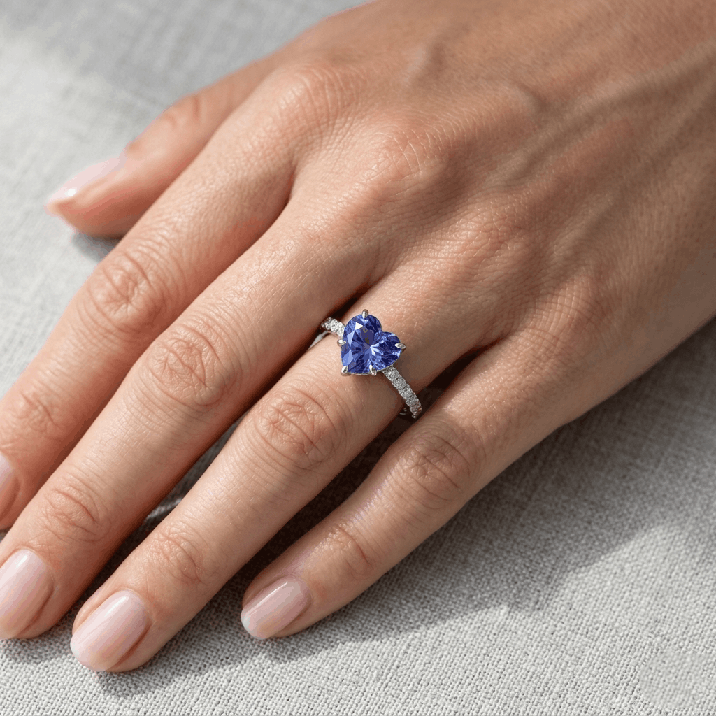 blue diamond heart ring