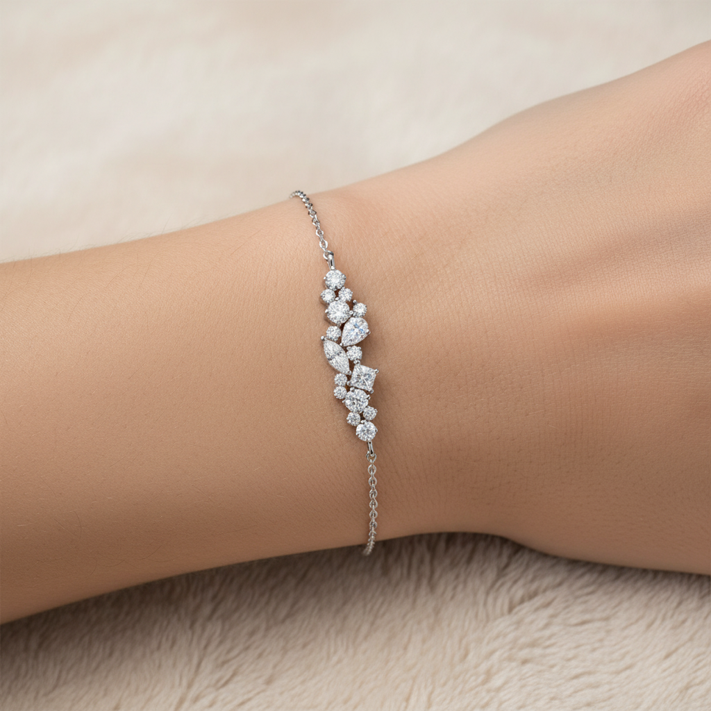 Silver bracelet with clear stones on a wrist against 