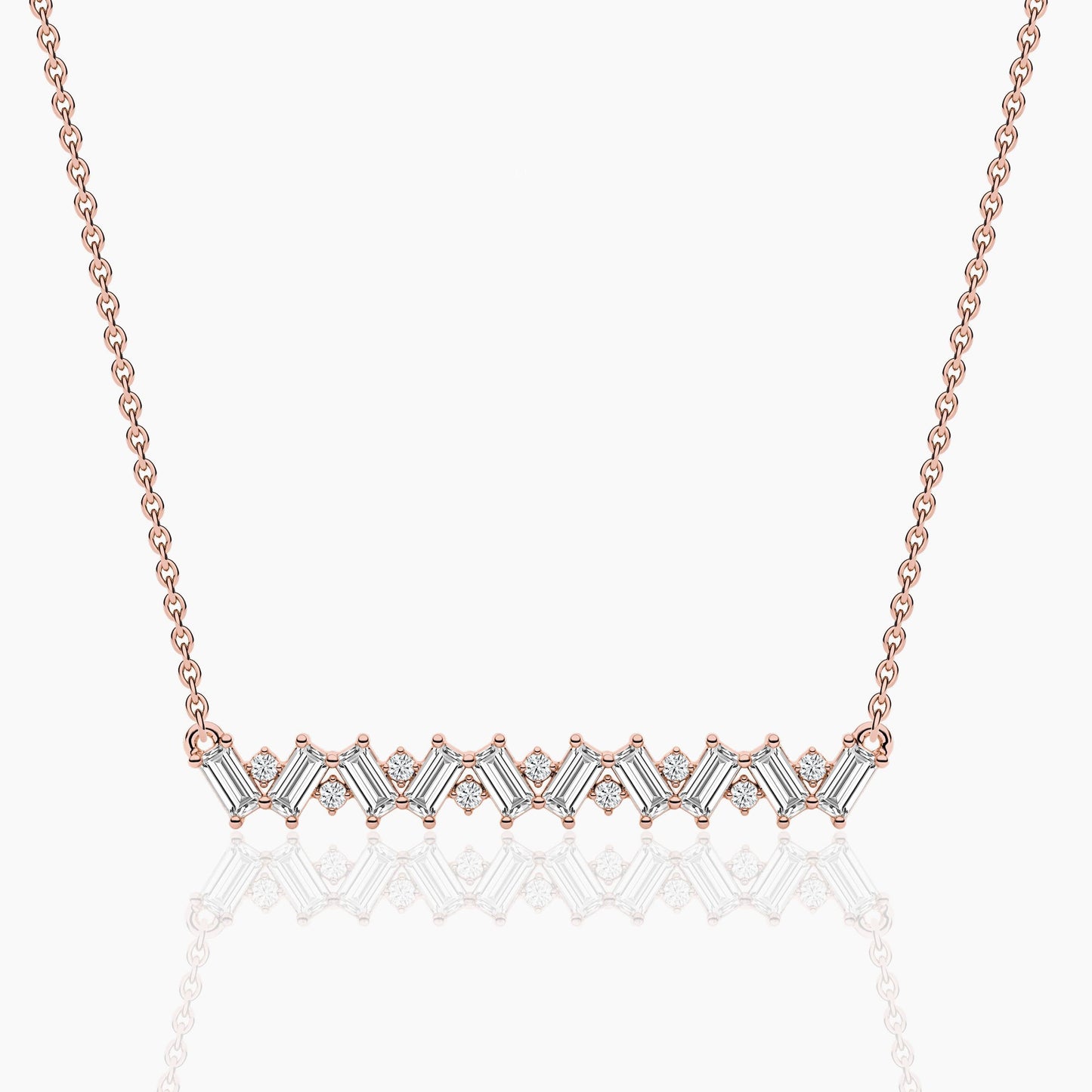 Rose gold necklace with a diamond pendant on a white background