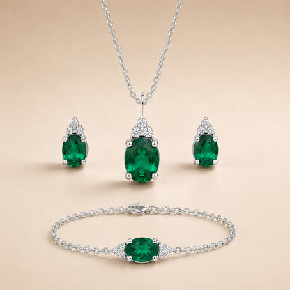 Green Diamond Silver Pendant Set with Bracelet