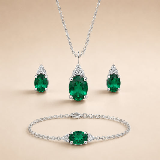 Green Diamond Silver Pendant Set with Bracelet
