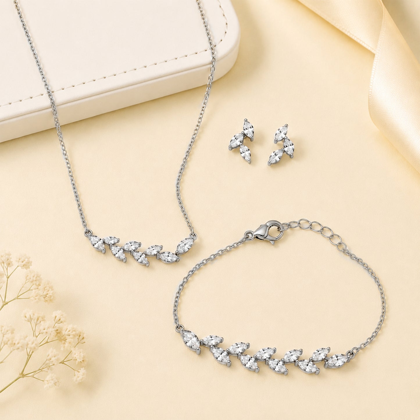 Silver Leaf Necklace Bracelet Set