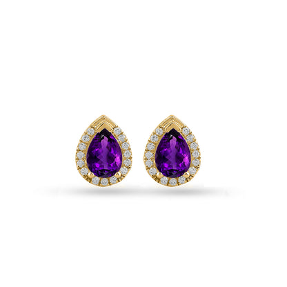 yellow Gold earrings with purple gemstones on a white background