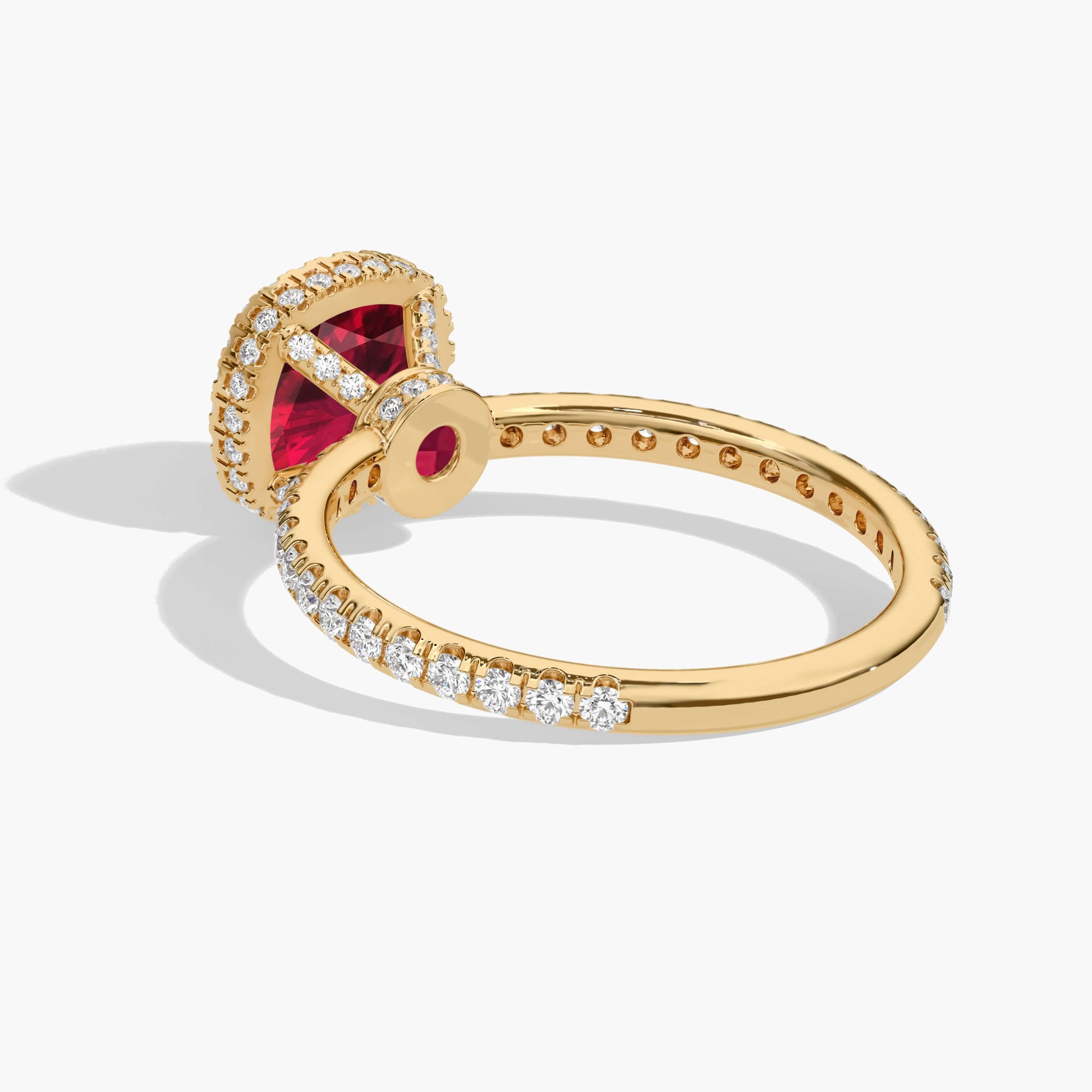 Halo cushion cut ruby diamond ring