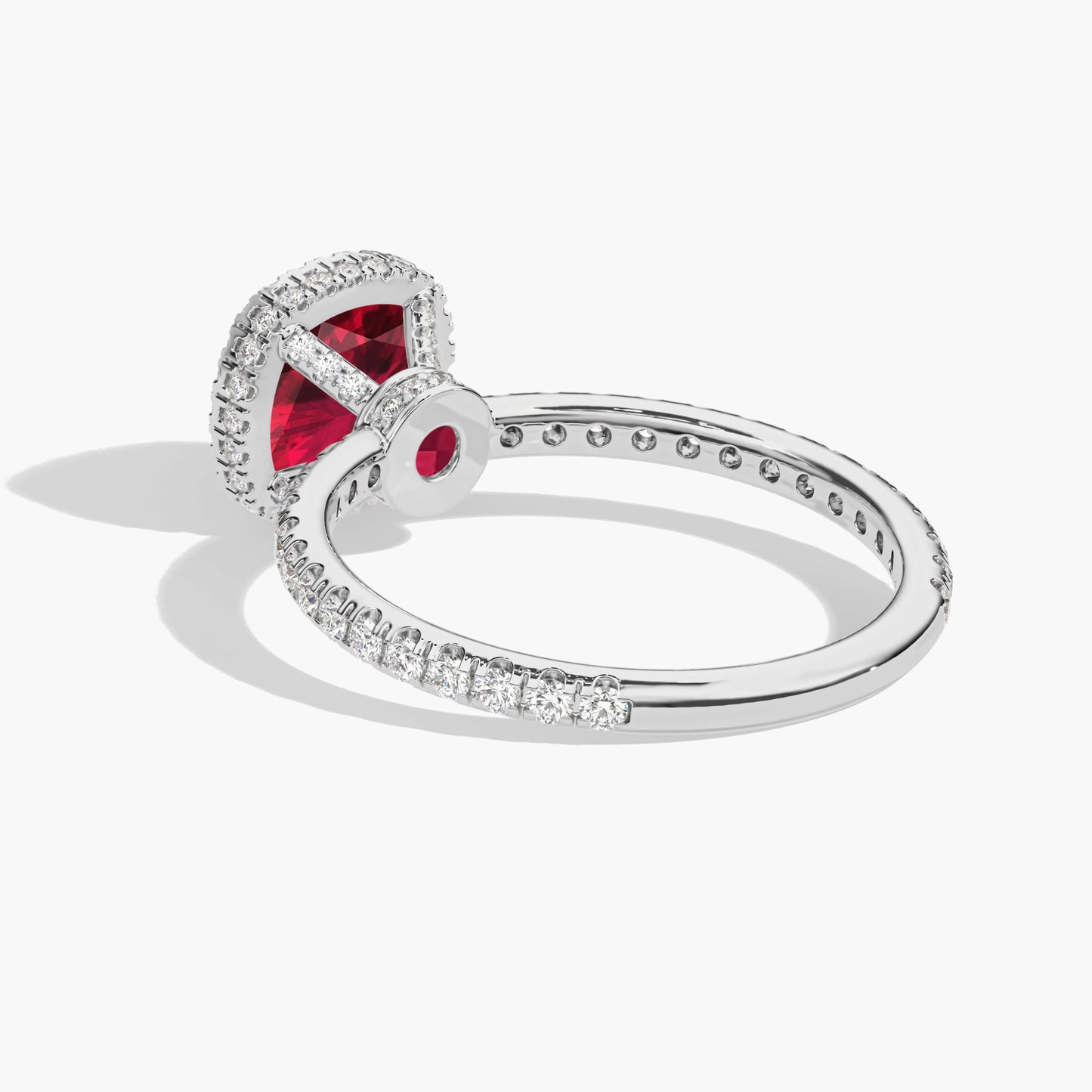 Halo cushion cut ruby diamond ring