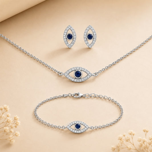 Silver Evileye Necklace Set with Bracelet
