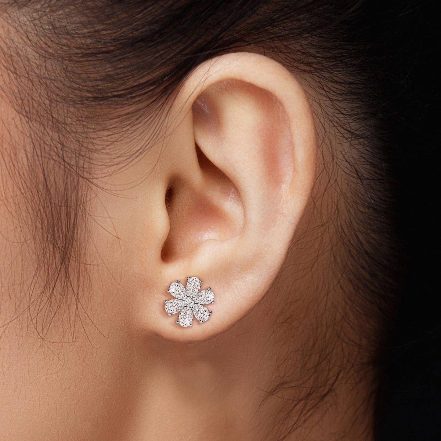 Six Petal Flower Diamond Silver Earrings