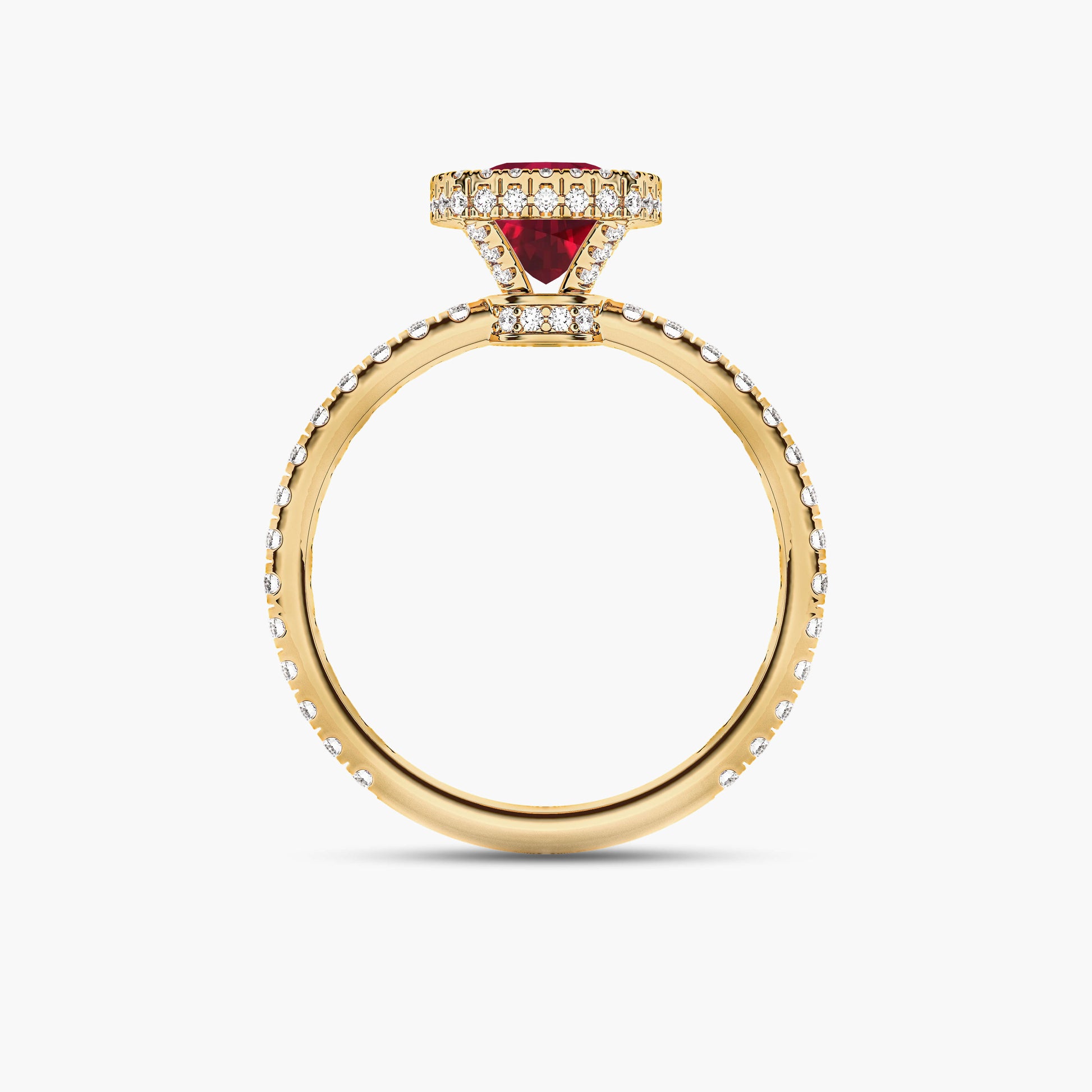 Halo cushion cut ruby diamond ring