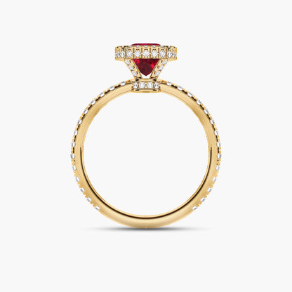 Halo cushion cut ruby diamond ring
