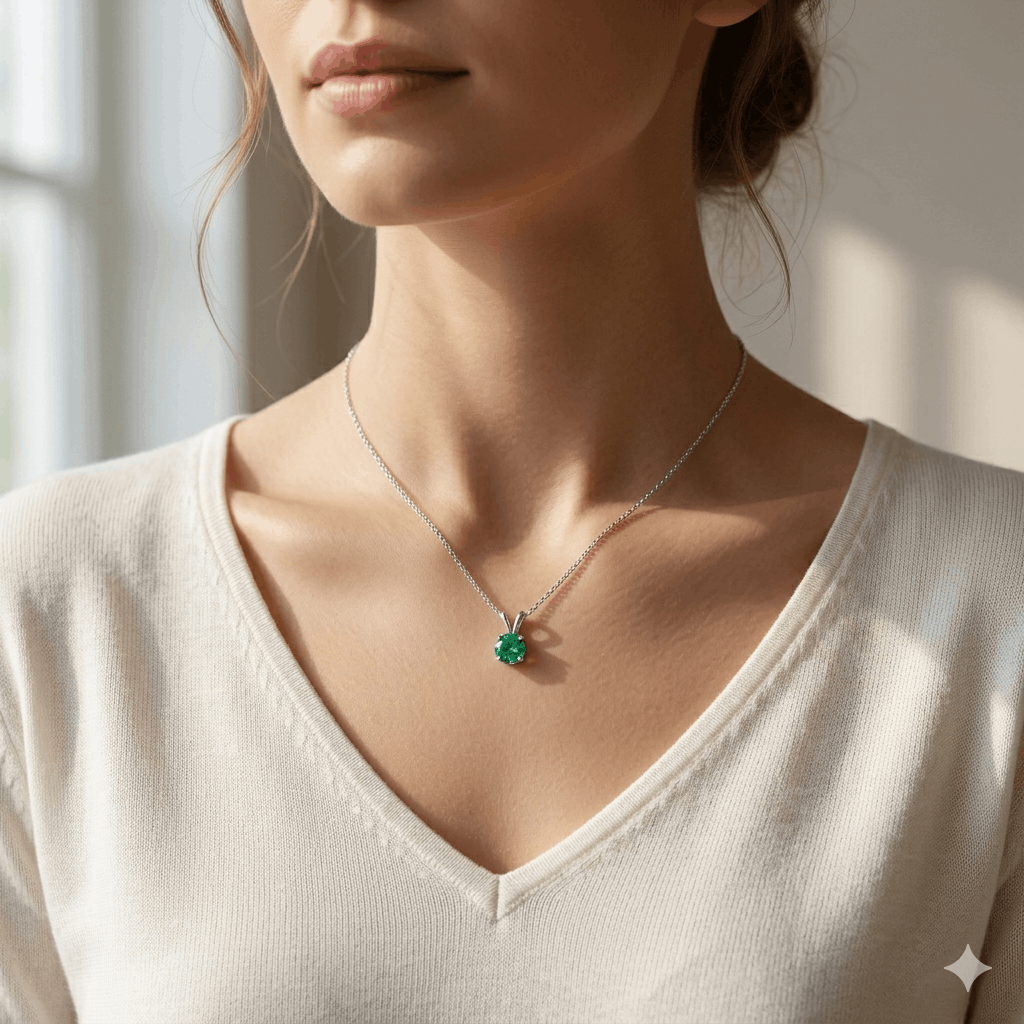 Green Emerald silver diamond necklace