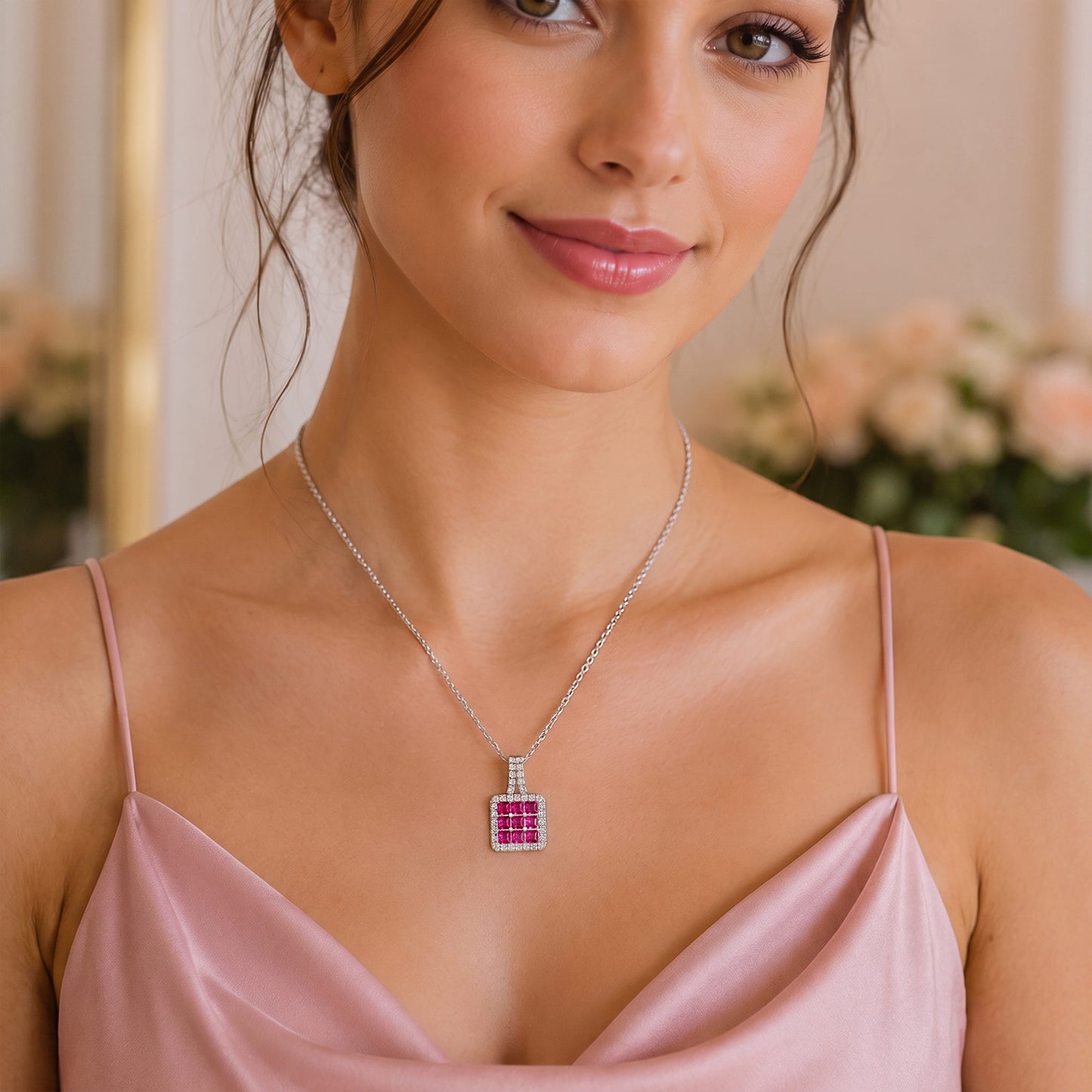 Sterling Silver Ruby Diamond Necklace