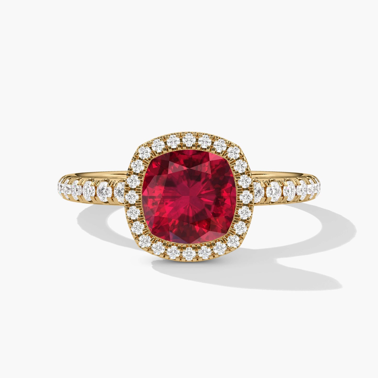 Red ruby halo diamond ring