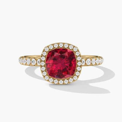 Red ruby halo diamond ring