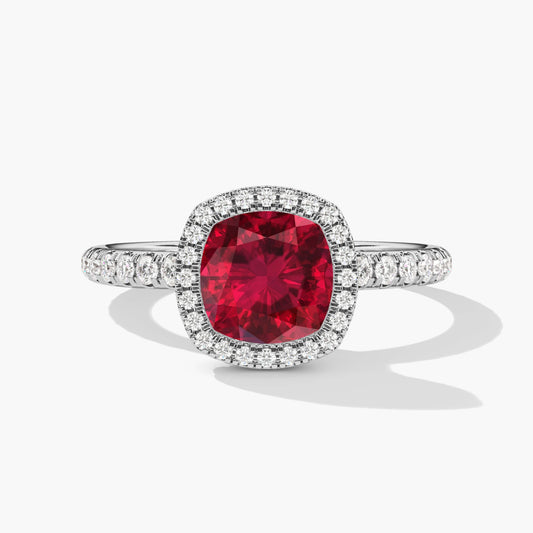Red ruby halo diamond ring